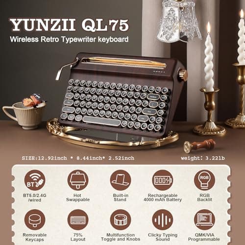 YUNZII QL75 Wireless Typewriter Hot Swap Retro Mechanical Keyboard,Punk Round Keycaps,RGB Backlit QMK/VIA Programmable, Multi-Device Keyboard with 2.4GHz/Type-C/BT5.0 (Wood, Cocoa Cream V2 Switch)