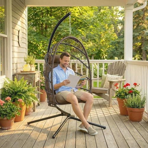 Outsunny Hanging Egg Chair with Stand, Foldable Wicker Rattan Swing Chair with Thick Cushion and Safety Rope for Patio Garden, Supports 264 lbs, Brown — view 7