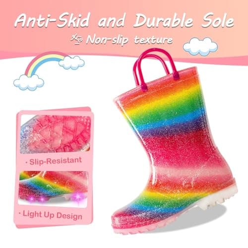 Toddler Rain Boots Kids Light Up Rain Boots for Girls Rainbow Waterproof Glitter Rainboot with Easy Pull On Handles, Toddler Size 9 — view 2
