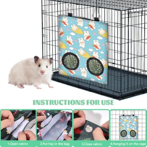 PRESSINART 2Pcs 2 Styles Hanging Rabbit Hay Feeder Bag 11.6 x 9.1 Inch, Bunny Hay Bag Pink Blue Cute Cartoon Design Cloth Washable Feeding Holders with 2 Holes for Guinea Pig Chinchillas Hamsters — view 5