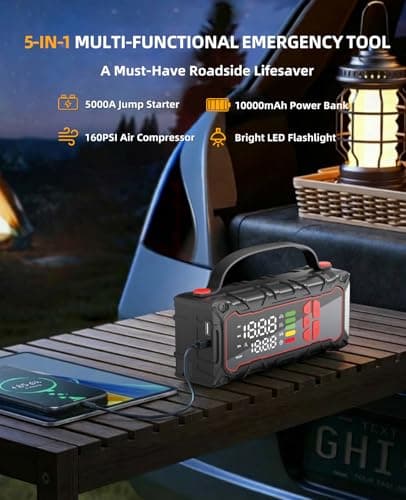 5000A Car Battery Jump Starter with Air Compressor 160PSI, Car Battery Charger 7.0L Gas/6.0L Diesel, Jumper Box for Car Battery with Tire Inflator & Power Bank& Jumper Cables, Father's Day — view 5