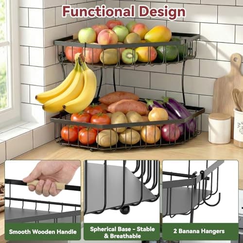 2 Tier Fruit Basket for Kitchen Counter - Detachable Metal Fruit Bowl with 2 Banana Hangers for Corner , Large Capacity Fruit Stand with Wooden Handle for Bread Fruit and Vegetable Storage- Black — view 3