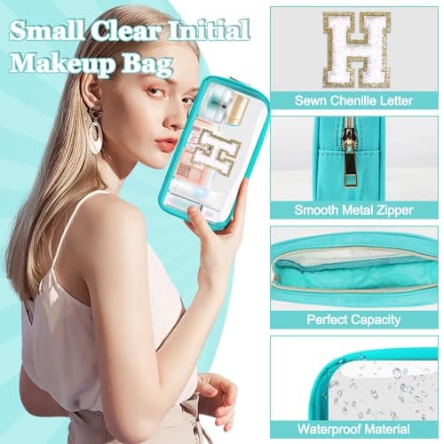 Mini Clear Personalized Initial Makeup Bag, Nylon Preppy A-Z Chenille Letter Patch Zipper Cosmetic Bag, Small Cute Pouch Travel Coin Purse Toiletry Bag, Small-Cyan, H — view 2