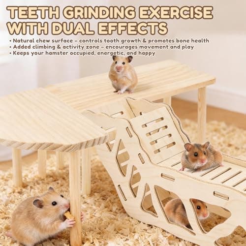 3-Piece Set Hamster Play Wooden Platform, Hamster Hides Tunnel Shelter w Ladder, Small Animal Wood Stand, Hamster Toys Cage Accessories for Dwarf Syrian Hamsters Gerbils Mice Degus or Other Small Pets — view 4