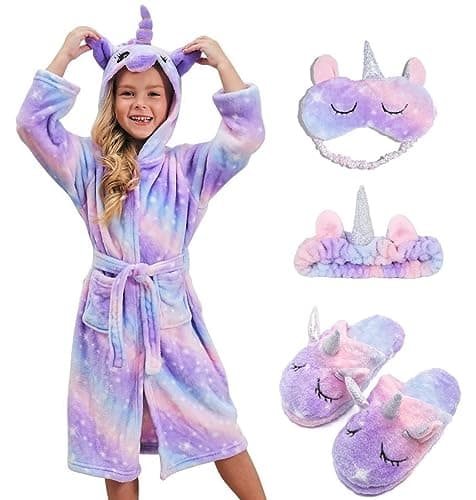 Girls Unicorn Hooded Robe with Matching Slippers, Headband, Blindfold Purple 2-6-7 Years