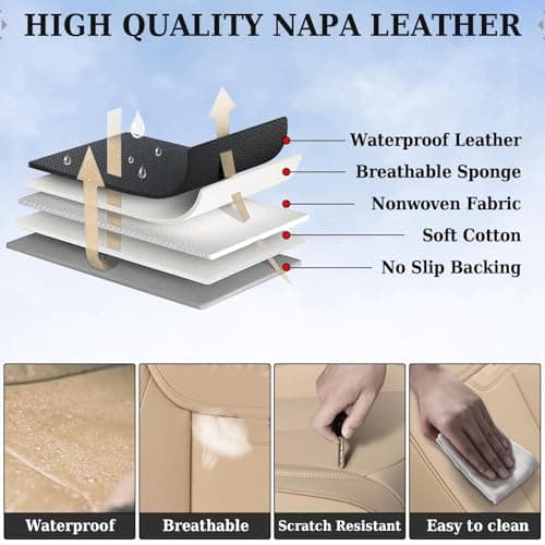 Coverado Seat Covers, Car Seat Covers Front Seats, Car Seat Cover, Car Seat Protector Waterproof, Car Seat Cushion Nappa Leather, Beige Seat Covers Carseat Cover Universal Fit for Most Cars — view 4