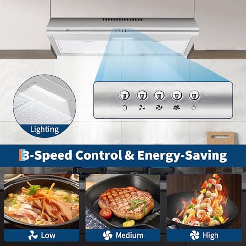 Garvee 30 Inch Under Cabinet Range Hood, Ducted/Ductless Convertible Stainless Steel Kitchen Vent Hood with 3-Speed Exhaust Fan, 3-Layer Aluminum Filter, LED Light — view 2