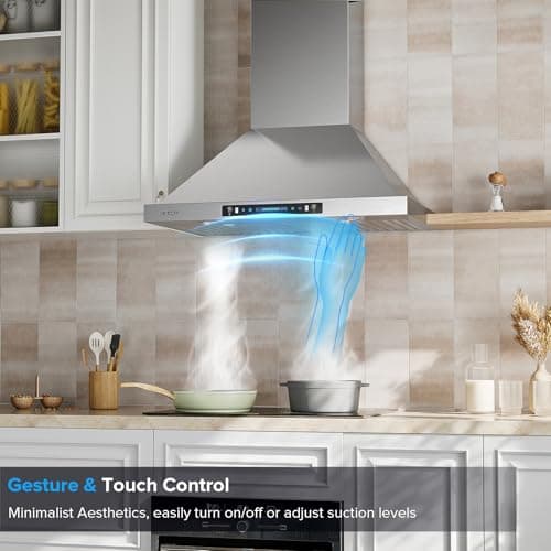 IKTCH 30 inch Wall Mount Range Hood, 390 CFM Low Noise Kitchen Vent Hood, Ducted/Ductless Convertible, Kitchen Chimney Vent Stainless Steel with Gesture Sensing & Touch Control Switch Panel — view 2