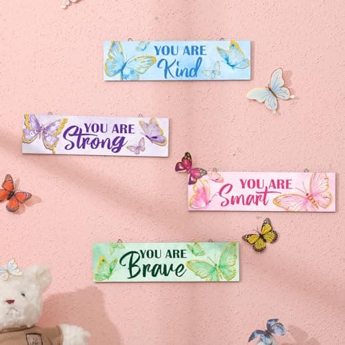 Geetery 4 Pcs Butterfly Inspirational Quote Wooden Sign Bedroom Wall Decor for Men Women Rainbow Room Art Decor Aesthetic Wooden Hanging Wall Sign for Daughter Son Nursery 11.81 x 3.15 Inch — view 5