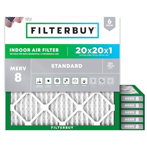 Filterbuy 20x20x1 Air Filter MERV 8 Essential Dust & Allergy Defense (6-Pack), Electrostatic Pleated HVAC AC Furnace Filters Replacement, Made in USA (Actual Size: 19.50 x 19.50 x 0.75)