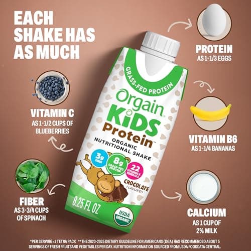 Orgain Organic Kids Nutritional Dairy Protein Shakes, Chocolate, Healthy Kids Snacks, 8g Grass-Fed Protein, 3g Fiber, 22 Vitamins & Minerals, No Soy Ingredients, Non-GMO, 8.25 Fl Oz, Pack of 12 — view 6