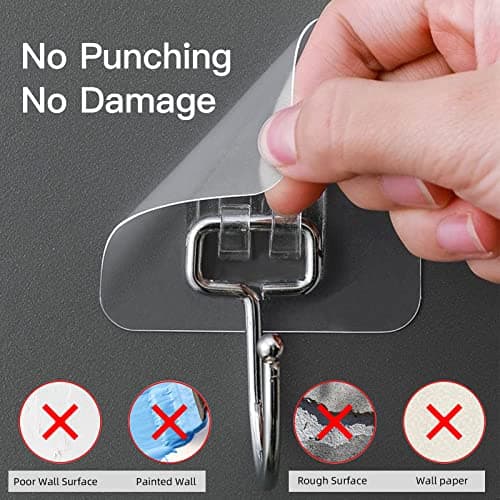 Large Adhesive Hooks for Hanging Heavy-Duty 44Ib(Max) 10 Packs, Wall Hooks Without Nails Self-Adhesive Traceless Clear and Removable, Waterproof and Rustproof Multiple Uses Bathroom Kitchen Home — view 5