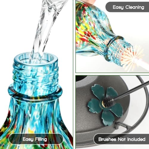 Tegarbed Hand Blown Glass Hummingbird Feeders for Outdoors Hanging, 24oz Wild Bird Nectar Feeder with Ant Moat and Perch, Bee-Resistant Ports, Garden Decor, Gifts for Women Mom, 1 Pack, Blue Phoenix — view 4