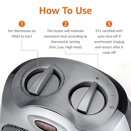 Amazon Basics Ceramic Space Heater, Portable Indoor Heating Solution, With Overheat and Tip-Over Protection, Thermostat, Non-Oscillating, 1500W, Fast Heating, 7.52"D x 6.34"W x 9.45"H, Silver — view 3