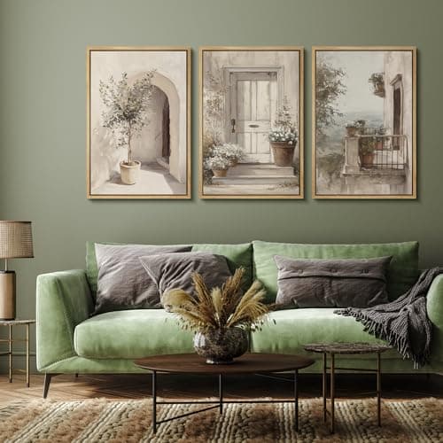 wall26 Framed Canvas Print Wall Art Set Mediterranean Courtyard with Olive Trees and Sunlit Doorway Illustrations Modern Art Decorative Multicolor for Living Room, Bedroom, Office - 24"x36"x3 NATURAL — view 3