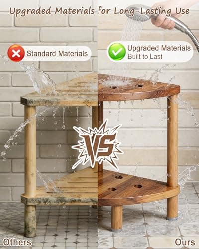 Yose Elegant Acacia Shower Stool for Women, Large Shower Stool for Inside of Shower, Stable Shower Seat for Comfort and Clean Living, Fits Small Bathrooms, Non Slip Shower Foot Rest, 400 lb Capacity — view 4