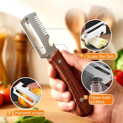 2026New Multi-functional Vegetable Peeler, Ktchen Multi-function Stainless Steel Thickened Fruit Peeler Knife with Wooden Handle, 3-1,Suitable for Peeling Fruits and Shredding Scallions (2PCS) — view 4