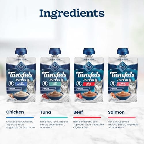 Blue Buffalo Tastefuls Purées Variety Pack Wet Cat Food Complement (Salmon, Chicken, Tuna, Beef) Made with Natural Ingredients, for All Life Stages, 3-oz. Resealable Pouches (12 Count) — view 4