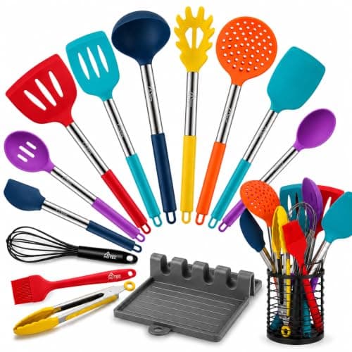 HOTEC 446°F Heat Resistant Silicone Kitchen Utensils, Cooking Utensil Set, Spatula Set, BPA Free, Kitchen Gadgets, Utensils Holder, Dishwasher Safe, 14pcs Multicolor