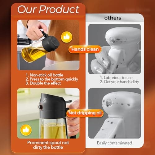 YARRAMATE 16oz/470ml Glass Olive Oil Sprayer for Cooking with Stickers, 2 in 1 Oil Dispenser for Kitchen Gadgets, Food Grade Premium Spray Bottle with Portion Control for Salad, Frying, BBQ (Black) — view 5