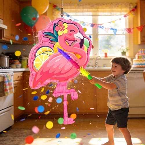 4 In 1 Flamingo Piñata, 23'' Hawaiian Piñatas Bundle, Tropical Hawaiian Party Decor Stick etc Flamingo Party Favor Bag Fillers Decorations — view 4