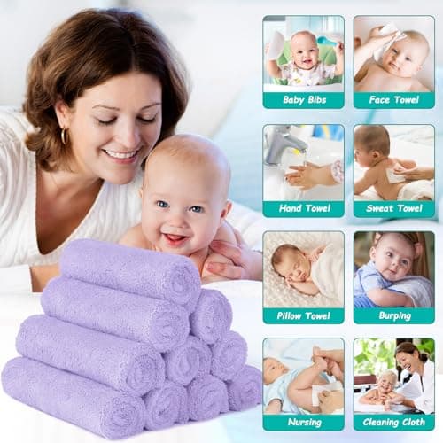 HOMEXCEL Baby Washcloths 12 Pack-Microfiber Coral Fleece Baby Bath Face Towel 7 x 9 Inch Extra Absorbent Soft Burp Cloth and Wash Cloths for Newborn-Infants and Toddlers,Purple — view 3