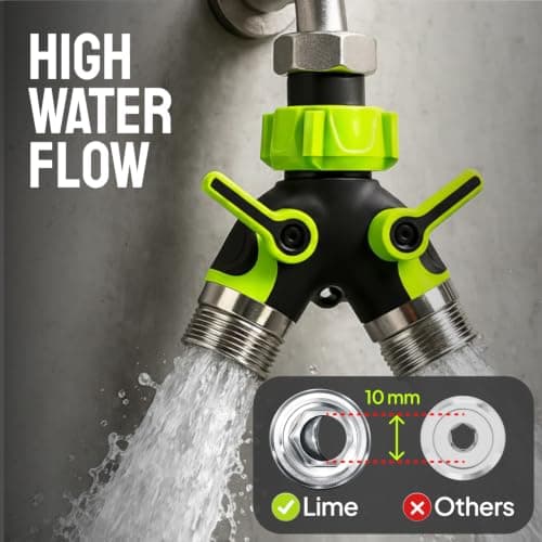 2 Way Hose Splitter Heavy Duty - Metal Y Garden Hose Splitter with Shutoff Valves, Brass Outdoor Faucet Adapter for Spigot, 3/4 Inch GHT Water Hose Connector - Green — view 2