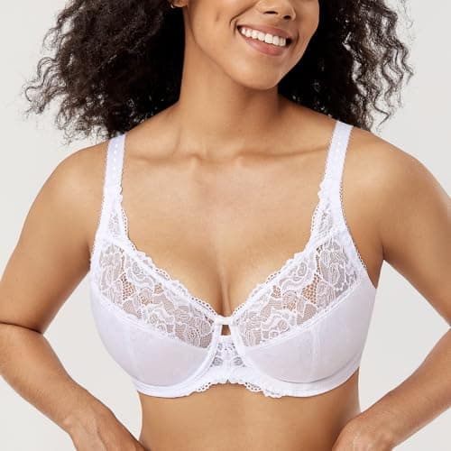 DELIMIRA Women's Plus Size Full Coverage Underwire Unlined Minimizer Lace Bra White 44DD — view 5