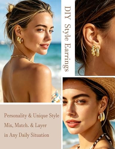 16 Pairs Starfish Chunky Gold Hoop Earrings Set for Women, Beach Shell Style Stack Statement Earrings, Hypoallergenic Lightweight Gold Plated Trendy Summer Jewelry Gift — view 4
