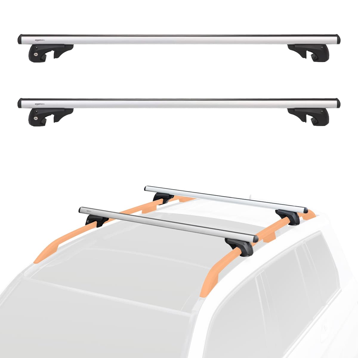 Amazon Basics portaequipajes de techo con rieles cruzados, 52 pulgadas, se adapta a tramos de hasta 46 pulgadas entre rieles laterales elevados con espacio, paquete de 2, negro/plateado