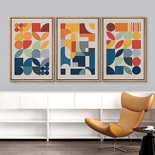 NWT Framed Canvas Print Wall Art Set Mid-Century Modern Colorful Geometric Color Block Abstract Shapes Digital Art Illustrations Modern Art Decorative Minimalist for Bedroom - 24"x36"x3 Natural — view 2