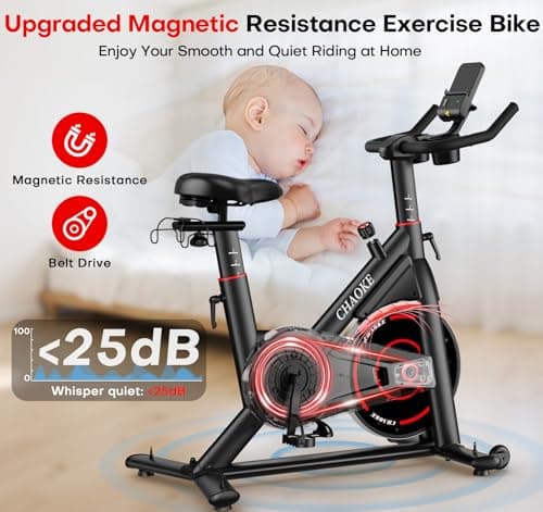CHAOKE Exercise Bike, Quiet Adjustable Magnetic Stationary Bike for Home Cardio with App Compatible, 350LB Weight Capacity Indoor Cycling Bike with Large Seat, Dumbbell Rack, Pull Cords & LCD Display — view 4