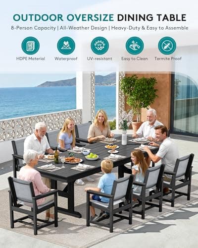 SERWALL 9 Piece 84" HDPE Outdoor Dining Set for 8 with Textilene Chairs and Umbrella Hole, Black/Gray — view 5