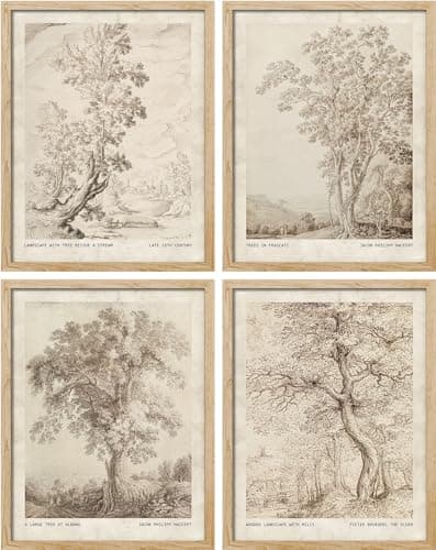 SIGNWIN Framed Poster Vintage Landscape Sketch Antique Tree Wilderness Nature Illustrations Fine Art Decorative Country/Farmhouse Vintage for Living Room, Bedroom, Office - 8"x10"x 4 Natural