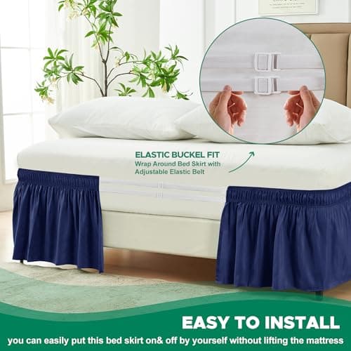 Biscaynebay Wrap Around Bed Skirts for Twin & Twin XL Beds 15" Drop, Navy Adjustable Elastic Dust Ruffles Easy Fit Wrinkle & Fade Resistant Silky Luxurious Fabric Machine Washable — view 4