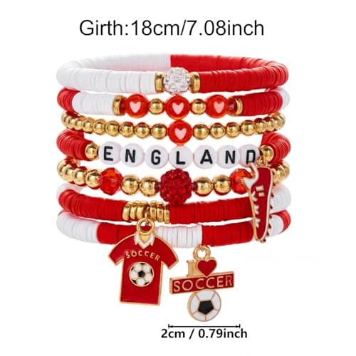 2026 World Cup England Bracelet Set, 7Pcs Stackable Beaded Stretch Bracelets with Soccer Jersey & Cleat Charms, England National Team Soccer Fan Jewelry, 2026 World Cup Game Day Souvenir