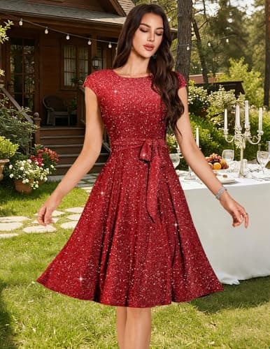 DRESSTELLS Cocktail Dresses for Women 2026 Modest Formal Wedding Guest Valentine's Day Tea Party Sequin Sparkly Knee Length Prom Dress Glitter_red L — view 4