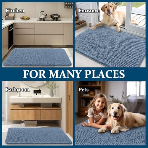 OLANLY Dog Door Mat for Muddy Paws 24x16, Absorbs Moisture and Dirt, Absorbent Non-Slip Washable Doormat, Quick Dry Chenille Mud Mat for Dogs, Entry Indoor Entryway Carpet for Inside Floor, Airy Blue — view 7