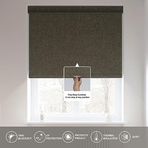 Boolegon Blackout Roller Shades for Windows,Cordless,Linen Fabric,Roller Blinds,Thermal Insulated Fabric UV Protection,Window Shades for Home,Door,Bedroom,Office,Blackout-Brown,Custom Size — view 4