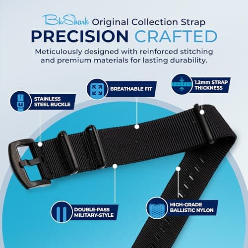 BluShark - Original Collection Military-Style Waterproof Watch Strap, Fits All Timepiece Brands, Durable Nylon Wristwatch Accessories, Black, 22mm, PVD Black Buckle — view 2