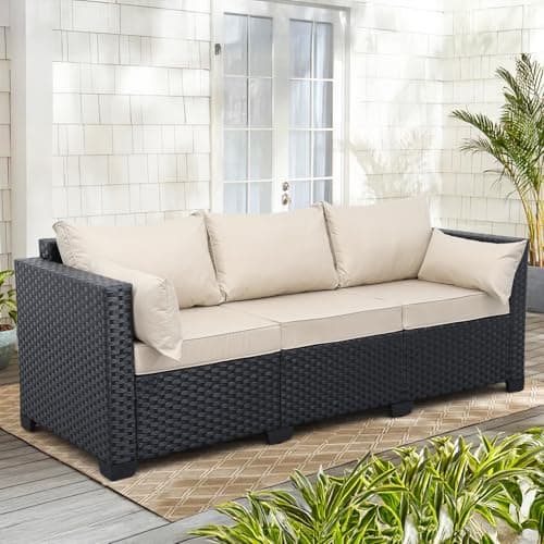 Rattaner Patio Furniture 3-seat Sofa Wicker Outdoor Furniture Outdoor Couch Deep Seat Hight Backrest Waterproof Cover Anti-Slip Cushions, Khaki — view 2