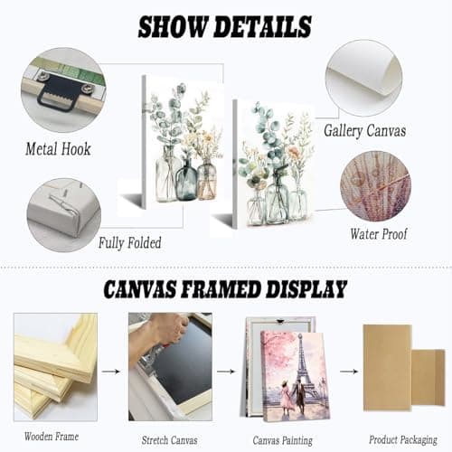 CXHOSTENT 2PCS Eucalyptus Wall Art Bathroom Floral Picture Watercolor Botanical Paintings Glass Vases Canvas Print Sage Green Leaves Poster Rustic Kitchen Decor Framed (White, 11x14inchx2 Pieces) — view 5