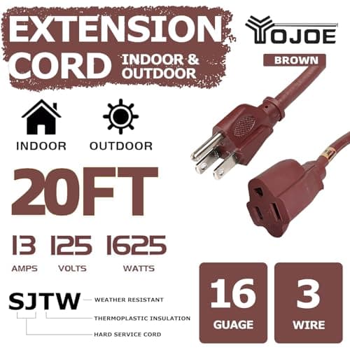 YOJOE Indoor Outdoor Extension Cord, 3 Prong 13A Weatherproof Power Cord, 16 Gauge Heavy Duty 20 ft Brown Extension Cord for Garage, Garden and Home, 16/3 SJTW UL Listed