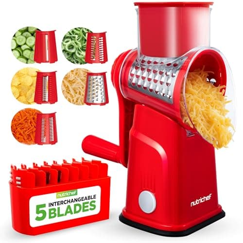 NutriChef 5 in 1 Cheese Grater & Shredder | 5 Different Blades for Thin, Thick, Julienne Strips, Wavy, & Straight Strips | Includes Hand Crank, Strong Suction Base & Storage Container | Red
