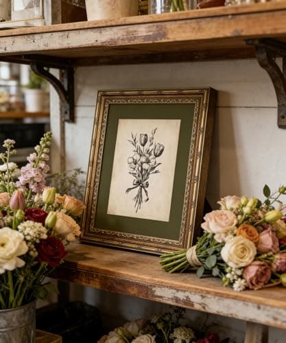 Gold Framed Wall Art Vintage Flower Sketch Wall Art Antique Sage Green Botanical Wall Decor Picture Dark Green Floral Drawing Poster Print for Bedroom Living Room 9x11in — view 3