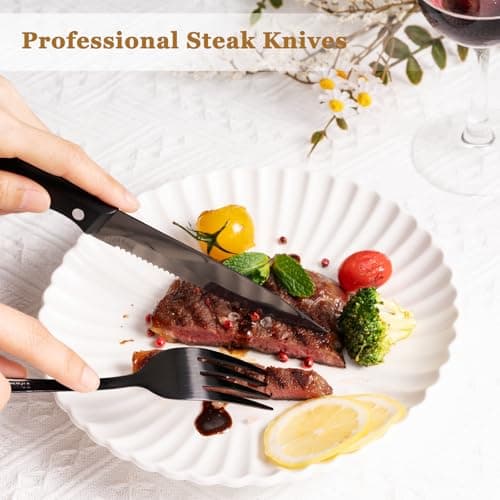 Astercook 24-Piece Black Silverware Set with Steak Knives Flatware Set for 4 Food-Grade Stainless Steel Cutlery Set Mirror Polished Utensils Set Include Spoons and Forks for Home Kitchen Restaurant — view 4