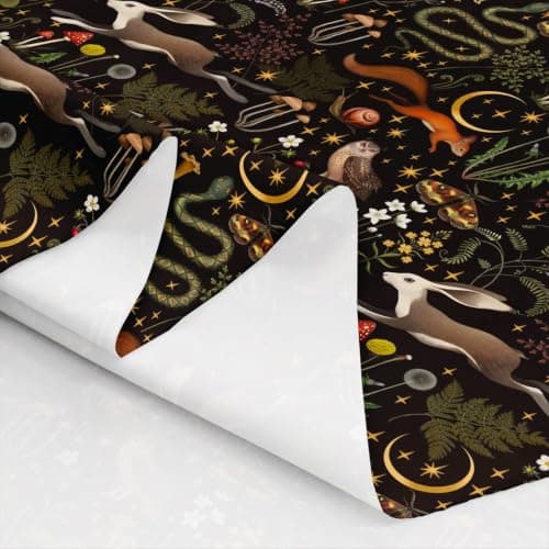 Castle Fairy Cartoon Mushroom Fabric by The Yard Cute Rabbit Owl Wild Animals for Kids Sewing Lovers Glitter Moon Stars Rustic Jungle Style Room Decor and DIY Upholstery 1 Black — view 3