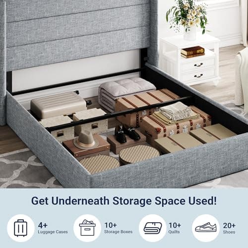 Allewie Queen Size Lift Up Storage Bed, Modern Wingback Headboard, Hydraulic Support, No Box Spring Needed, Grey Blue — view 4