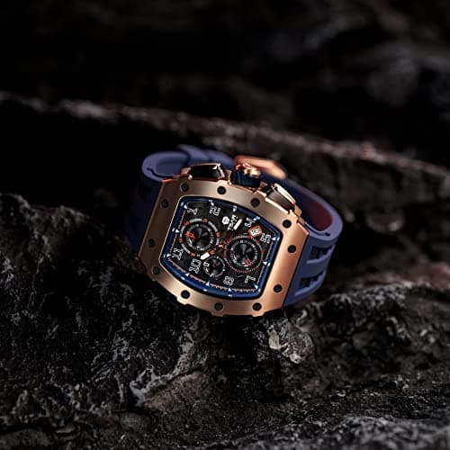 TSAR BOMBA Men's Luxury Quartz Watch, Luminous Dial 5ATM Water Resistance Silicone Strap Men's Wristwatch Ideal Gift for MenBlue Gold — view 7