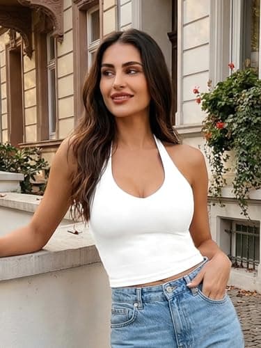 YEOREO Women's Halter Crop Top V Neck Workout Going Out Tank Top Hazel Padded Sleeveless Backless Trendy Summer Camisole White Small — view 2